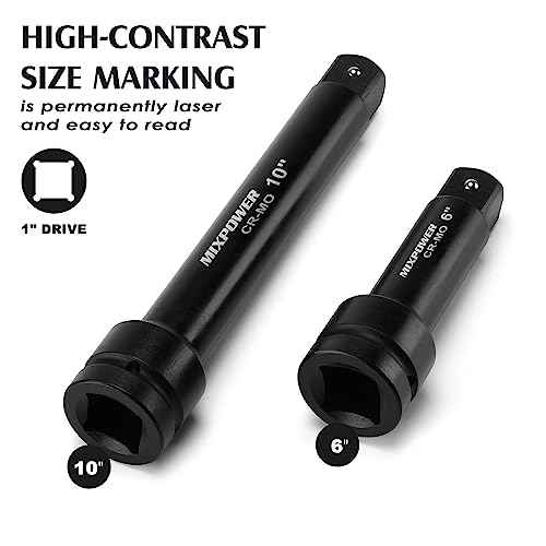 MIXPOWER 1" Drive by 6", 10" Impact Socket Extension Bar, Chrome Molybdenum Steel, 6", 10" ext. bar.