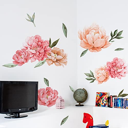 Peony Flowers Wall Decals, Watercolor Elegant Peonies Rose Floral Wall Stickers, FODIENS Pink Blossom Flower Wallpaper Art Applique for Living Room Bedroom Girls Room
