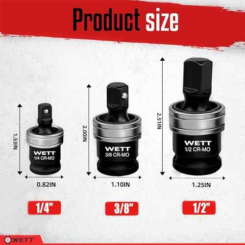 WETT Impact Universal Joint Set, 3-Piece Socket Swivel Adapter Set, 1/2", 3/8" and 1/4" Drive Impact Grade Wobble Socket, U-Joint Sockets, CR-MO Steel