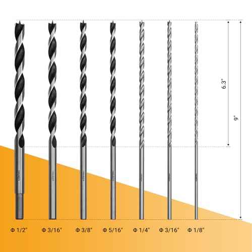 Extra Long 9.05" Brad Point Wood Drill Bit Set Metric - 7 Pack Carpenters Quality - Drill Splinter-Free Perfectly Round Holes in All Types of Wood (1/8",3/16",1/4", 5/16",3/8",7/16",1/2")