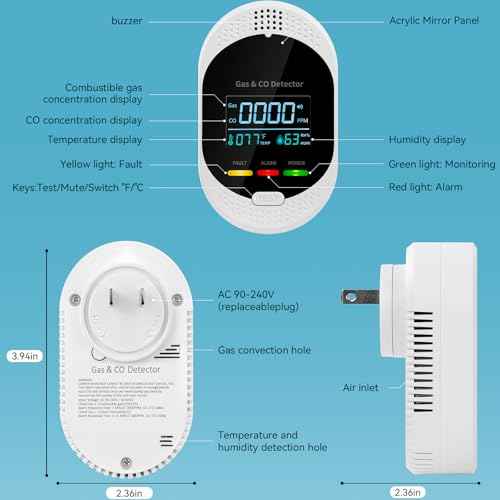 Plug in Carbon Monoxide Detector Combustible Gases Detectors,4-in-1 Co & Natural Gas Alarm Detectors with Temperature and Humidity Display,Clear LCD Screen Sound Light Dual Alarm for Home Travel RV