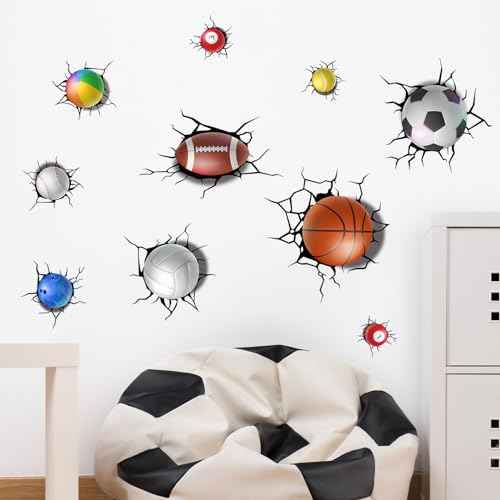 Supzone 3D Broken Sport Wall Decals Basketball Football Baseball Soccer Wall Sticker Removable Sports Break Through The Wall Artwork Decor for Kids Boys Bedroom Living Room Baby Nursery Playroom