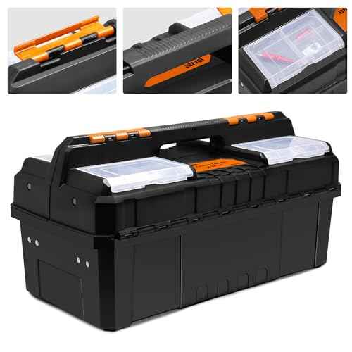 DNA MOTORING 2-Layer Lockable Tool Box Plastic Portable Storage Folding Toolbox Tray Divider Tool Organizers, W/Handle, Orange/Black, TOOLS-00503