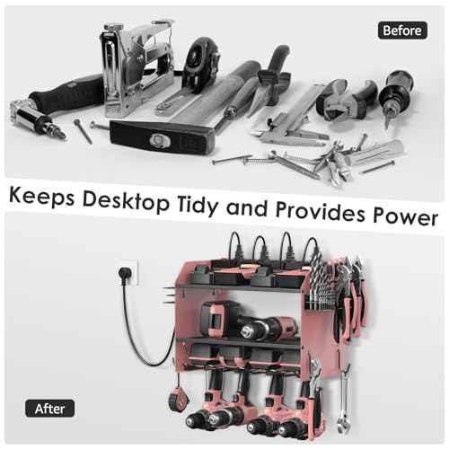 CCCEI Modular Power Tool Organizer Wall Mount with Charging Station. Garage Drill Storage Shelf with Hooks, Heavy Duty Rack, Tool Battery Holder Built in 8 Outlet. Gift for Men. Pink, 1 Pack.
