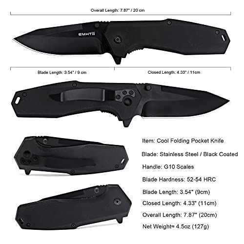 EDC Pocket Folding Knife - 3.54" Stainless Steel Black Blade, G10 Scales Liner Lock, Men Women Camping Knives with Clip EMH03