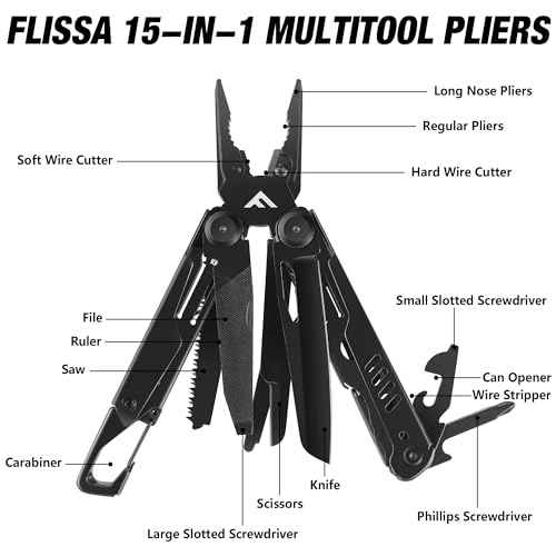 FLISSA 15-in-1 Multi-tool Pliers with Sheath, Portable Pocket Knife with Safety Locking System, Belt Clip and Sheath for Outdoors, Survival, Camping, Fishing, Hunting