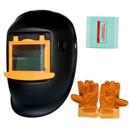 Auto Darkening Helmet with True Color View and Welding Gloves, Easy-flip Design Welder Helmet, Ultre Light and Solar Powered Welding Helemt, Adjustable Shade Range 4/9-13 for TIG MIG ARC Weld