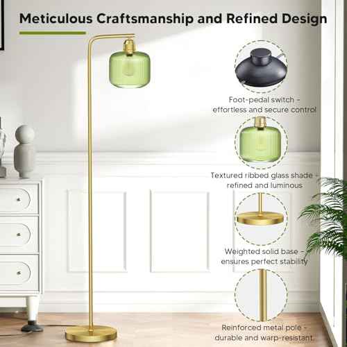 Glass Floor Lamp for Living Room, Modern Standing Lamp with Green Ribbed Glass Lampshade and Pedal Switch, 66¡± Tall Lamp & Gold Floor Lamp for Bedroom Study Room,Brushed Gold(3000K LED Bulb Included)
