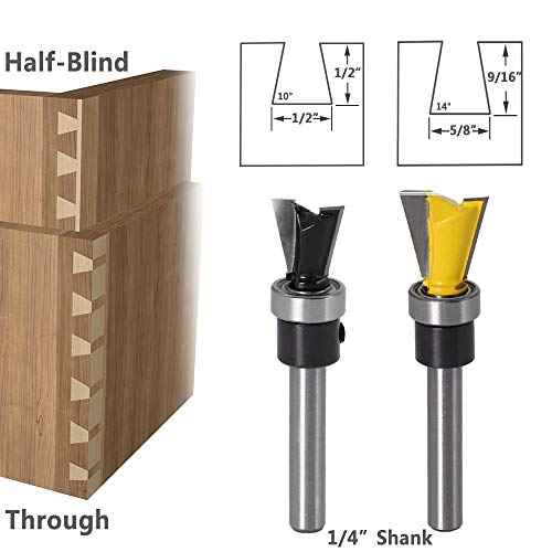 Yakamoz 2Pcs 1/4 Inch Shank Dovetail Joint Router Bits with Bearing Guide Dovetail Jig Bit for Furniture Building Cabinet Making Woodworking Cutter Tools