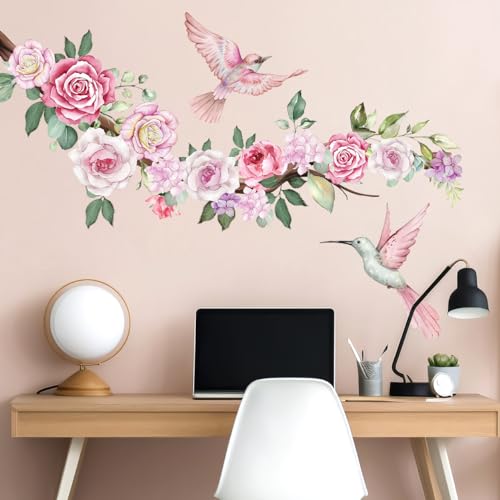 2 Sheets Watercolor Peony Flowers Wall Decals Floral Wall Stickers Pink Hummingbirds Wall Decals DIY Removable Flying Birds Floral Art Stickers for Living Room Sofa TV Background