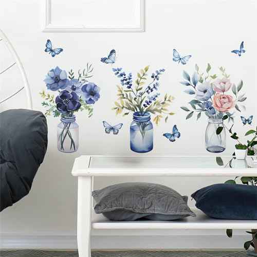 Blue Flower Vase Butterfly Wall Stickers, sacinora Floral Art DIY Wall Decals Removable Vinyl Peel and Stick for Living Room Bedroom Study Room Nursery Decorations