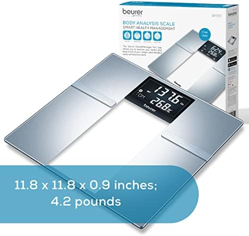 Beurer BF720 Smart Scale for Body Weight, Body Fat, Body Water & More – 400 lb Capacity, Bluetooth App, Calorie Data, User Recognition, XL LCD Display, Glass Digital Bathroom Scale – Grey