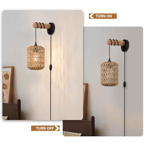 Rattan Plug in Wall Sconce Bedroom Sconces Set of 2 Boho Dimmable Wall Lamp with Plug in Cord Hanging Wall Lights for Living Room