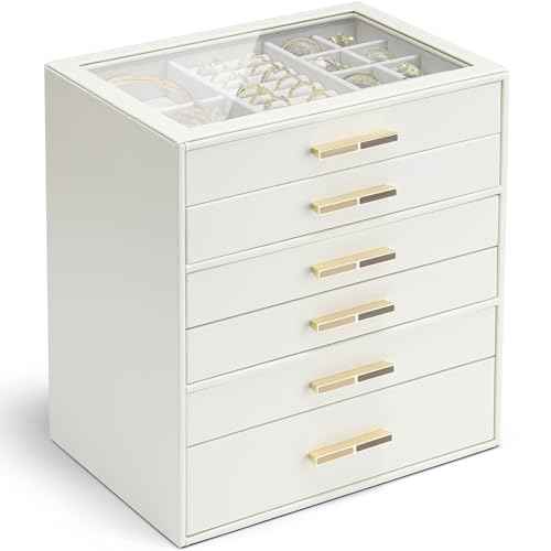 Vlando 6 Layer Jewelry Box for Women, Glass Lid Jewelry Organizer with 6 Drawers for Necklaces Rings Earrings Bracelets - Cloud White