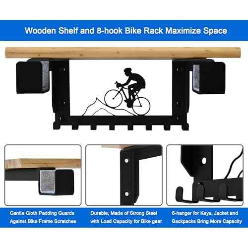 Bike Rack Wall Mount with Shelf and 8 Hooks Offer Horizontal Indoor Bike Storage for Sheds Garages. Wooden Bike Rack Bracket for Road, Mountain, Travel Bicycles, Maximizing Space