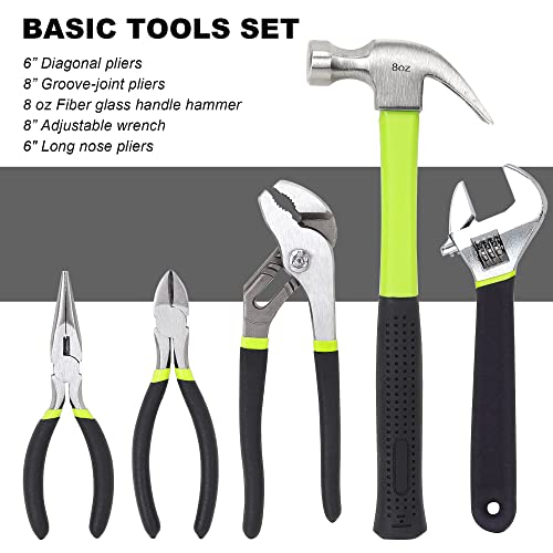 FASTPRO 215-Piece Home Repairing Tool Set with 12-Inch Wide Mouth Open Storage Bag, Household Hand Tool Kit, Green