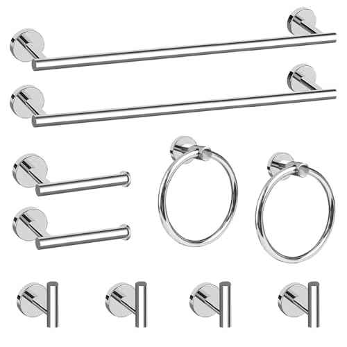 Cilee 10 Piece Chrome Bathroom Accessories Set, 24inch Polished Chrome Towel Bar Ring+Toilet Paper Holder+ Robe Towel Hook SUS304 Stainless Steel Bathroon Hardware Set