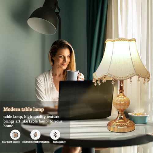 Classical Tiffany European Style Table Lamp Fabric Drum Shade and Gold Base American Decor Classic Bedside Desk Nightstand Table Lamp for Bedroom Living Room