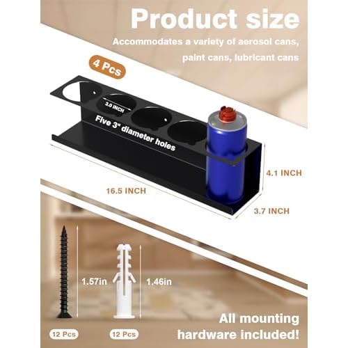 sogiv 4 Pack Spray Can Holder Organizer, Wall-Mounted Steel Spray Bottle Rack, Tool Box Storage Rack, 5 Cans Metal Paint Can Organizer for Garage, Workspace, Shop, Home or Tool Trailer, Black