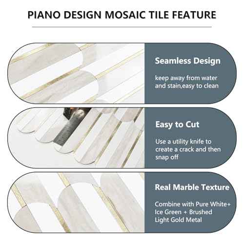 Vamos Tile Peel and Stick Backsplash Seamless Tile for Kitchen and Bathroom,White and Glossy Wooden Marble PVC Mixed Light Gold Self Adhesive Fish Scale Metal Mosaic Tiles (10 Sheets)