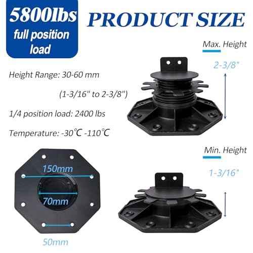 30 PCS Adjustable Plastic Pedestal Paver, Heavy Duty Deck Blocks Foundation Base Support, Decking Foundation Blocks Level up 1-3/16" to 2-3/8", Deck Pedestal Flooring Platform Joists Beams Support