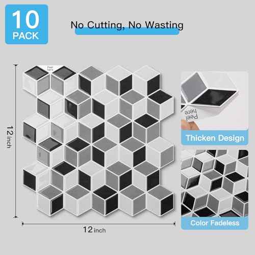Art3d 10-Sheet Peel and Stick Backsplash Tiles, 12x12 Inch Self-Adhesive 3D Wall Tiles for Kitchen, Bathroom, Countertop - Thickened Waterproof Design (White & Black)