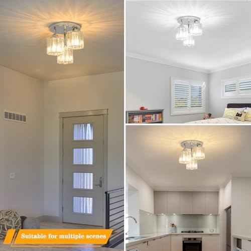 Crystal Ceiling Light Fixture, Chrome Semi Flush Mount Ceiling Light Fixture, 3-Light Hallway Lighting with Clear Crystal Shades for Kitchen Entryway Bedroom Bathroom Foyer, E26