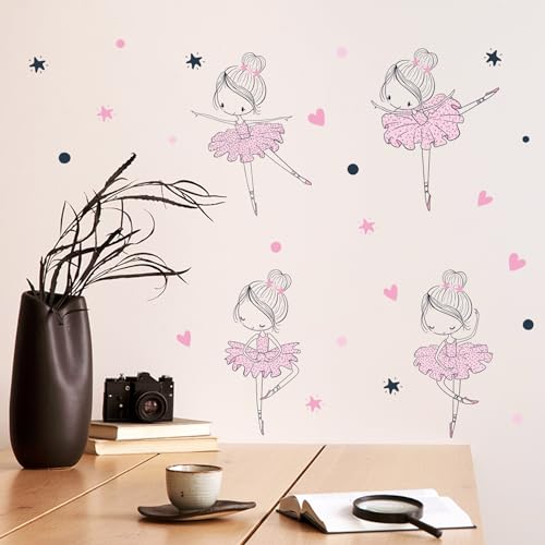 4 Cute Ballerina Ballet Dancers Wall Decals for Girls Bedroom Large Removable Wall Stickers for Classroom Pink and Black Wall Murals Peel and Stick Vinyl Kids Room Decor for Living Room Nursery
