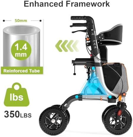 Rollator Walkers for Seniors with Seat, Foldable Walkers for Senior, 8" All-Terrain Wheels, 18" Big Seat, 6-Level Adjustable Height Rolling Walker, 350 lb, Walker for Seniors & Adults (Sliver)