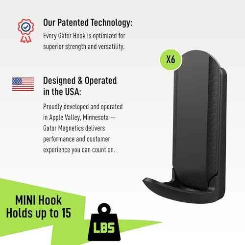 Gator Magnetics MINI - Open Hooks, 15 lb Strong Magnetic Hooks for Steel Surfaces, Patented Easy-Release, Non-Slip Grip - Storage & Organization, Fridges, Offices, Classrooms, Kitchen ? Black - 6 Pack