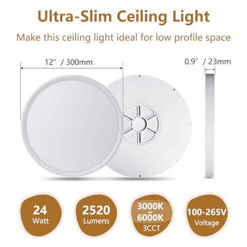 6PK 12 Inch LED Flush Mount Ceiling Light, 24W, 2520LM, 3000K/4000K/6000K CCT Selectable, 0.9inch Super Slim LED Ceiling Light Fixture, Low Profile Round Flat Panel Light for Bedroom,Kitchen,Hallway
