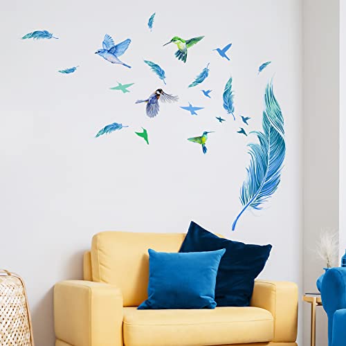 Blue Feathers Wall Decor Stickers, Creative Hummingbird Feather Window Peel and Stick Wallpaper Deacls, DIY Art Mural for Living Room Bedroom Kitchen Laundry Room Classroom