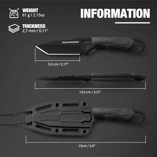 Neck Knife, Tanto Small Fixed Blade Knife 5cr13mov Stainless Steel Neck Knife with Sheath and Necklace Plactic Mini Small Edc Knife for Men and Women, Full Black
