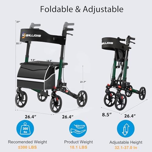 Rollator Walkers for Seniors with Seat, No Assembly Foldable 8" Non-Slip Big Wheels All Terrain Lightweight Durable Aluminum Rolling Walker with Comfortable Backrest