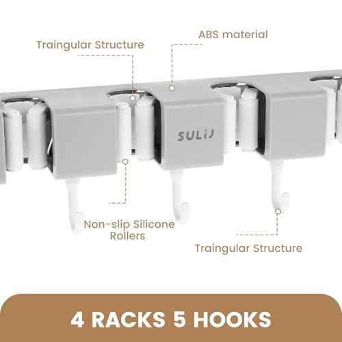5PCS 4 Racks and 5 Hook Broom Mop Holder with Hooks Wall Mounted Broom Storage Rack No Drilling Self-Adhesive Mop Broom Organizer Mop Holder Hanger for Bathroom Office Kitchen Closet Garage