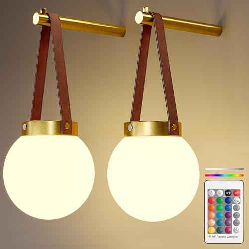 Battery Operated Wall Sconces Set of 2, Gold Wireless Globe Wall Lights with Remote Control Warm/Natural/Daylight/RGB 15 Colors Dimmable Rechargeable Wall Lamps Retro for Bedroom Living Room Hallway
