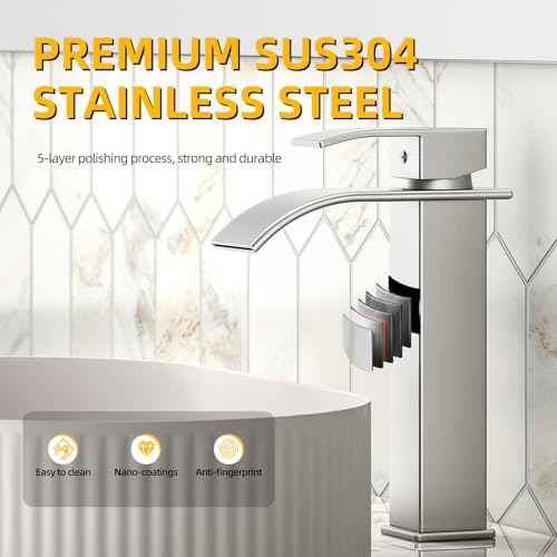 Rywuanku Tall Brushed Nicklel Bathroom Faucet Waterfall Spout, Single Handle Sink Faucet with Pop-up Drain & Deck Plate, Modern 1 Hole Vanity Faucet for RV, Farmhouse, Camper or Bathroom