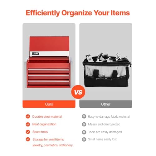 VEVOR Metal Tool Box, 8.6-inch, Portable Metal Tool Box with 3 Drawers, Small Tool Chest with EVA Liners and PP Feet Pads, Heavy-Duty Steel With Ball Bearing Opening and Powder Coated Finish, Red