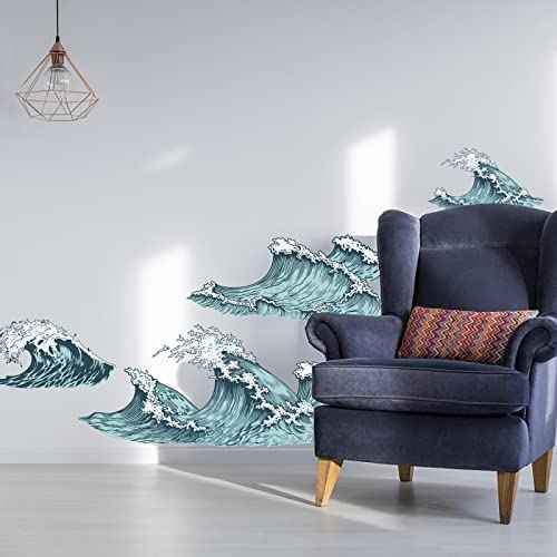PLIGREAT 6 Pcs Blue Ocean Sea Waves Wall Stickers, Removable Vinyl Peel and Stick Wall Decals for Bathroom Nusery Bedroom Playroom Wall Decoration Home Indoor DIY Wall Art Decor Bathtub Decals