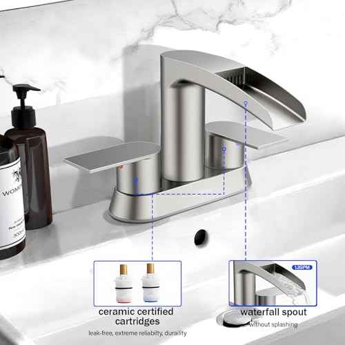 Bathroom Sink Faucet for 3 Hole, Hurran 4 Inch Bathroom Faucets with Pop-up Drain, Stainless Steel 2-Handle Waterfall Faucet for Sink, Brushed Nickel