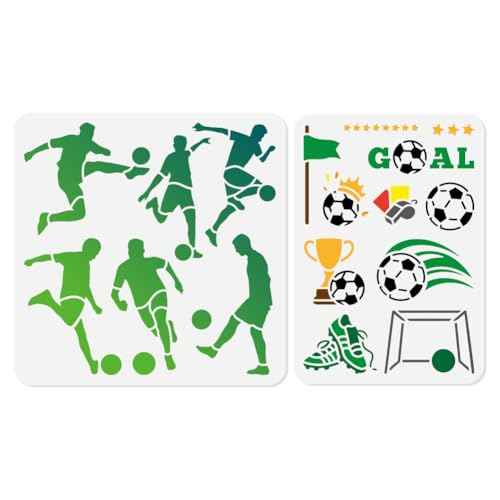 2Pcs Play Football Stencils for Painting, Reusable Plastic Soccer Player Stencil Drawing Templates, Sport DIY Craft Paint Templates for Wall Home Decor Wood Burning Canvas Card Journal Paper