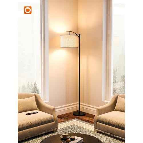 addlon Floor Lamp for Living Room with Remote, Dimmable Standing lamp with Linen lampshade for Bedroom, Office, Lamps with 9W LED Bulb Included - Black with Beige Lampshade