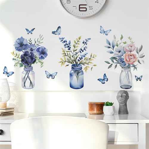 Blue Flower Vase Butterfly Wall Stickers, sacinora Floral Art DIY Wall Decals Removable Vinyl Peel and Stick for Living Room Bedroom Study Room Nursery Decorations