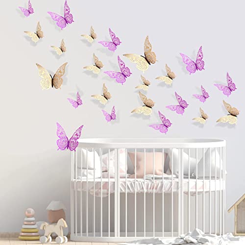 3D Purple Gold Butterfly Wall Stickers, 24 PCS 3 Sizes Butterfly Wall Decals, Removable Metallic Gold Wall Sticker Room Mural for Paper Art Party Cupcake Kids Bedroom Classroom Wedding Balloon Decors