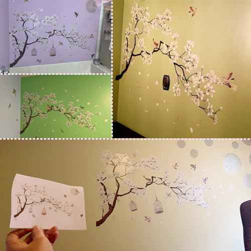 Large Chinese Style White Flowers Wall Stickers with Black Tree Flying Birds Wall Decals, Removable DIY Wall Art Decor Murals for Offices Living Room Bedroom Study Room Home Walls Decoration, 50x74in