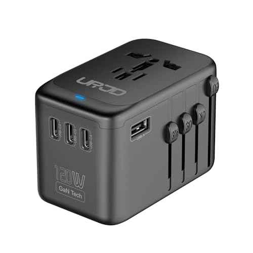 Universal Travel Adapter, 120W GaN International Power Plug Adapter, 5 USB Ports and 1 AC Outlet, All-in-One Travel Charger for 200+Countries, Fast Charging All USB & Dual Voltage Devices
