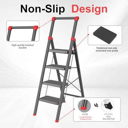 4 Step Ladder, DIAMONDFORGE Folding Step Stool with Wide Anti-Slip Pedal, Anti-Slip Feet and Handgrip, Sturdiest Steel Construction, Steel Ladder for Home, Black Red