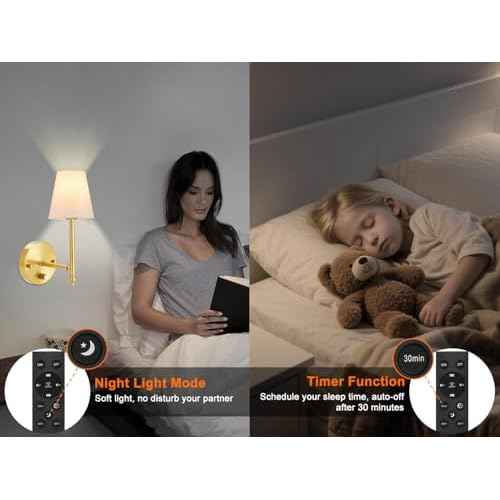 Wall Sconces Set of Two with Remote Control, Dimmable, Adjustable Colors 2700-6500K, Plug in Wall Sconces with White Fabric Shades, Plug in Wall Light, Gold