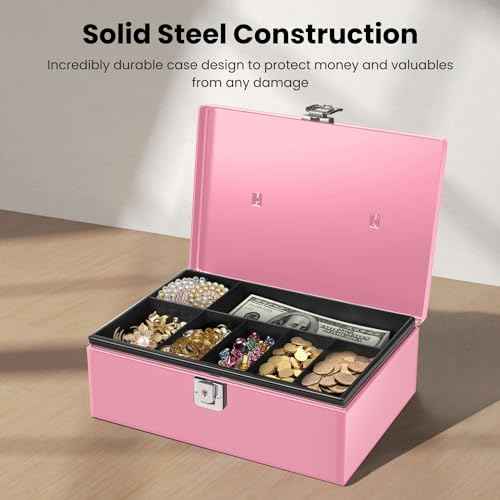 Flexzion Cash Box with Money Tray and Lock - Metal Money Box for Cash Storage with Secure Latch Lock & Key - Pink Petty Cash Box with 7 Compartment Money Tray for Small Businesses, 11x7.7x3.5 Inches