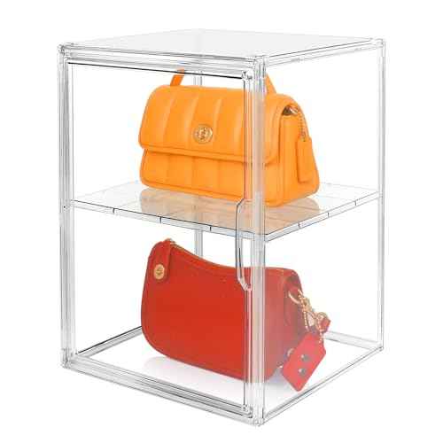 2 Pack XX-Large Clear Stackable Storage Bins with Magnetic Lid Handbag Display Case for Closet 2-Tier Acrylic Purse Organizer Dustproof Luxury Bag Container Box for Cosmetics Figures Makeup